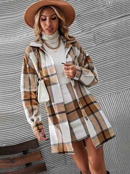 Plaid Button Up Long Sleeve Coat and Skirt Set - TayDiane