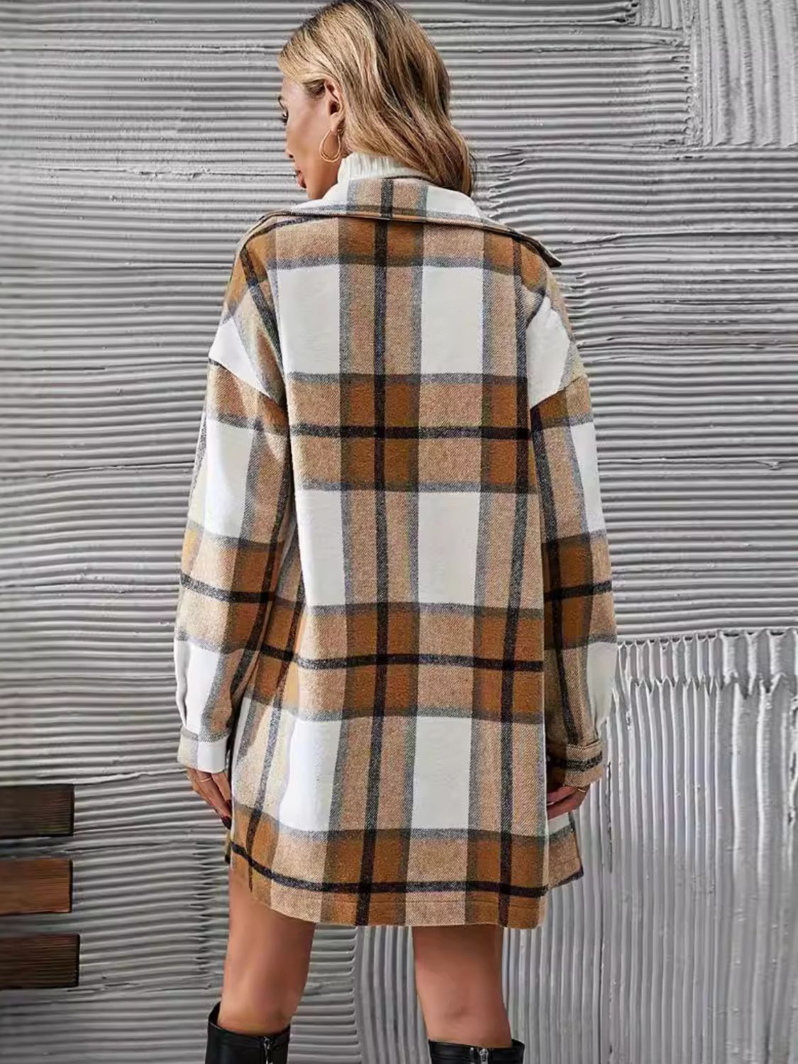 Plaid Button Up Long Sleeve Coat and Skirt Set - TayDiane