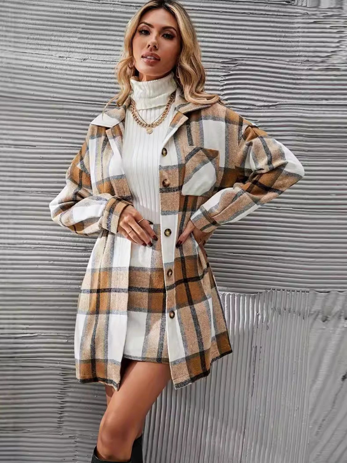 Plaid Button Up Long Sleeve Coat and Skirt Set - TayDiane