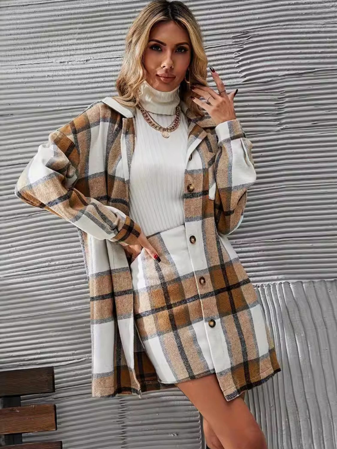 Plaid Button Up Long Sleeve Coat and Skirt Set - TayDiane