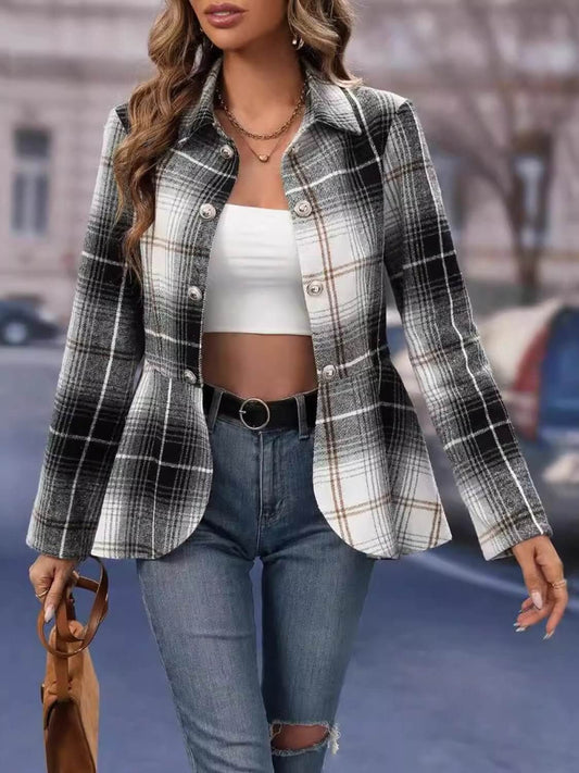 Plaid Button Up Long Sleeve Jacket - TayDiane