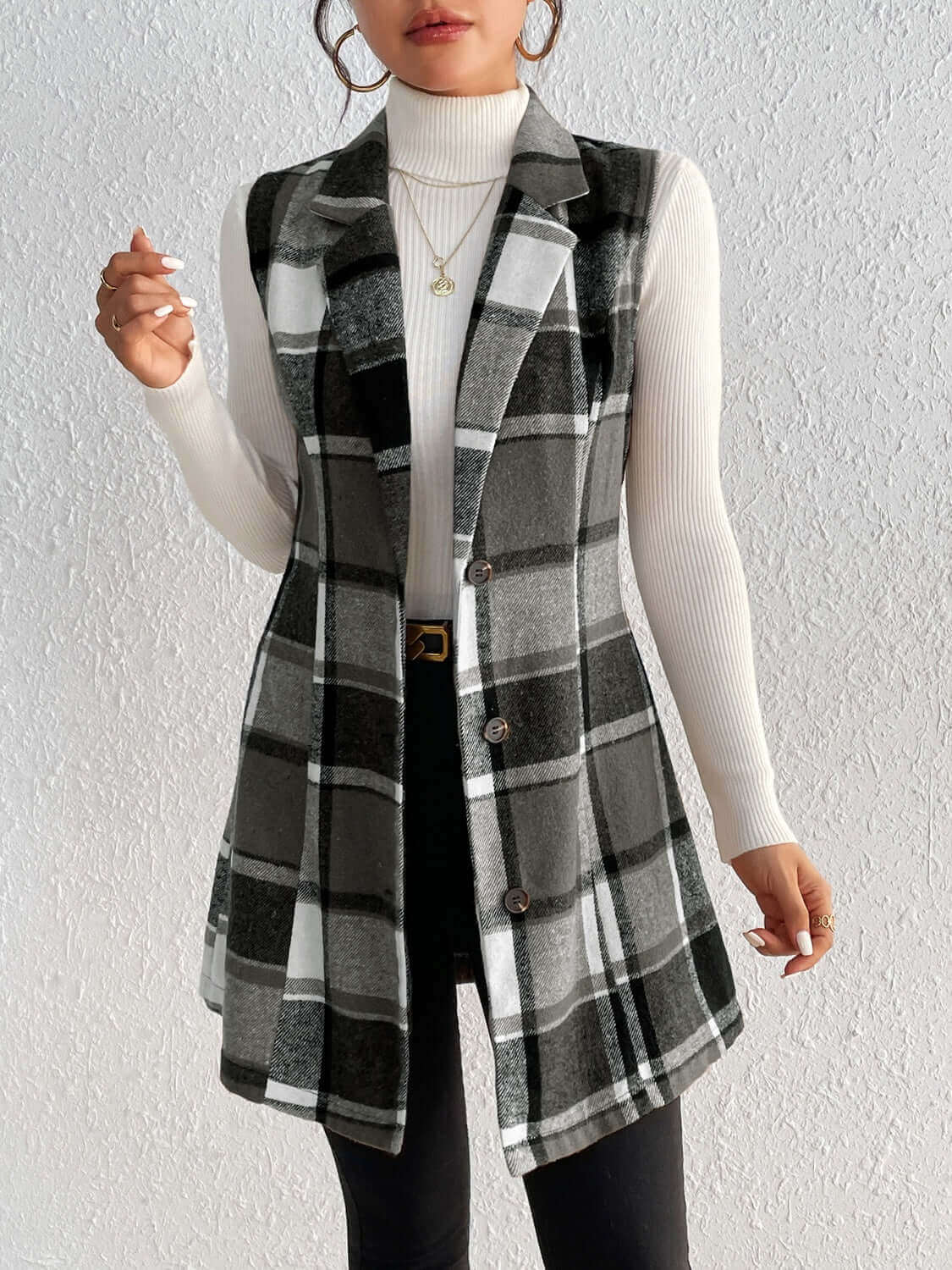 Plaid Button Up Vest Coat - TayDiane