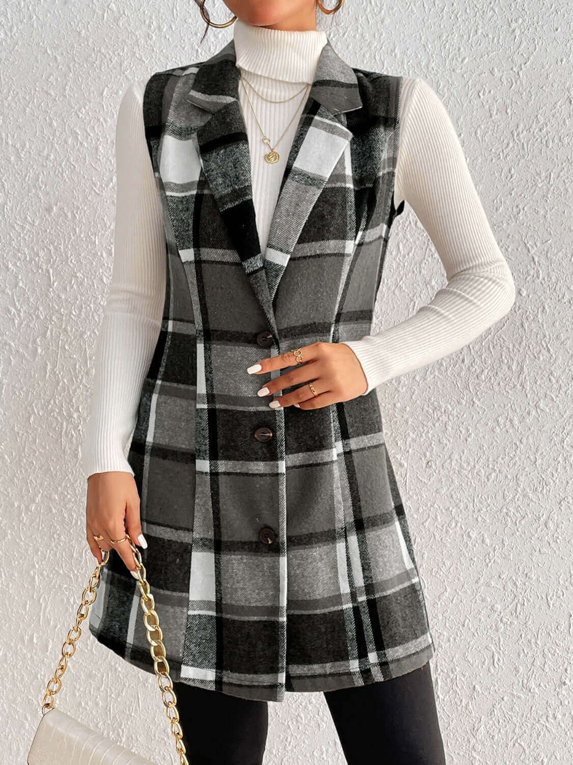 Plaid Button Up Vest Coat - TayDiane