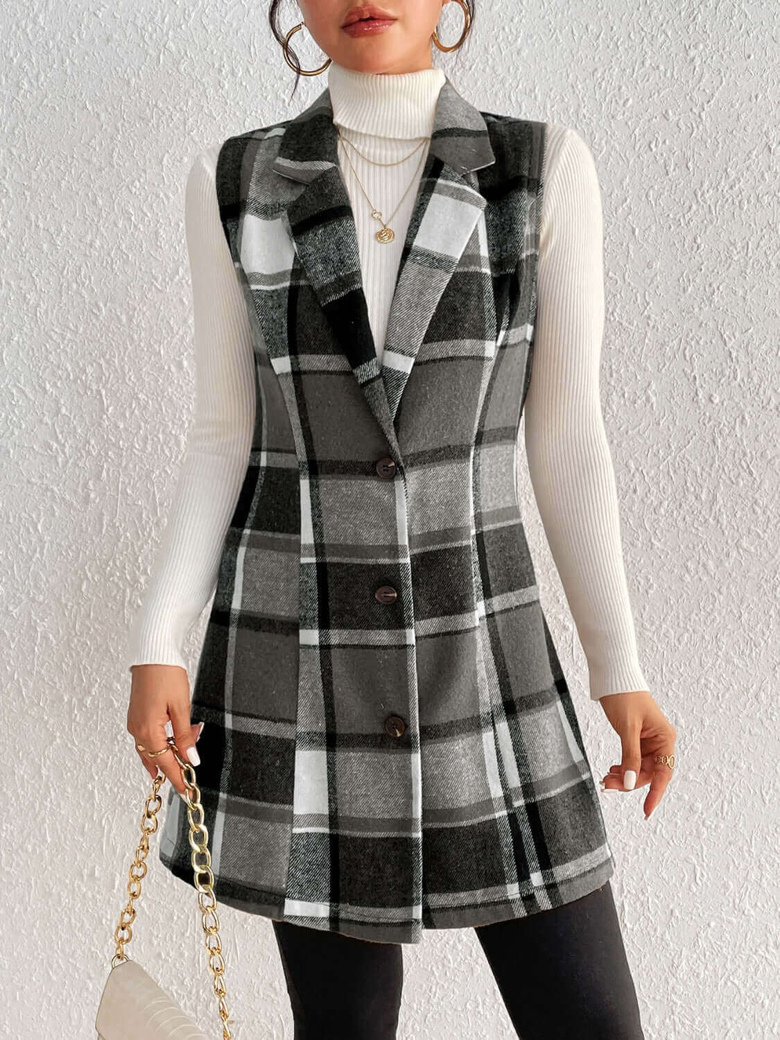 Plaid Button Up Vest Coat - TayDiane