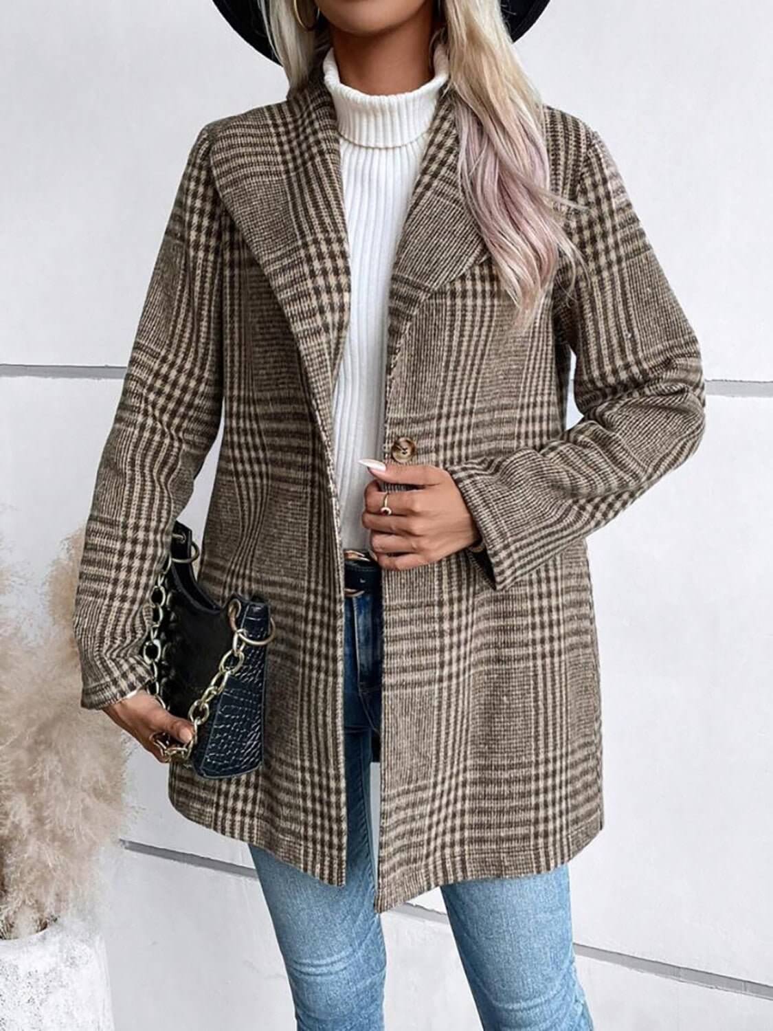 Plaid Collared Neck Long Sleeve Jacket - TayDiane