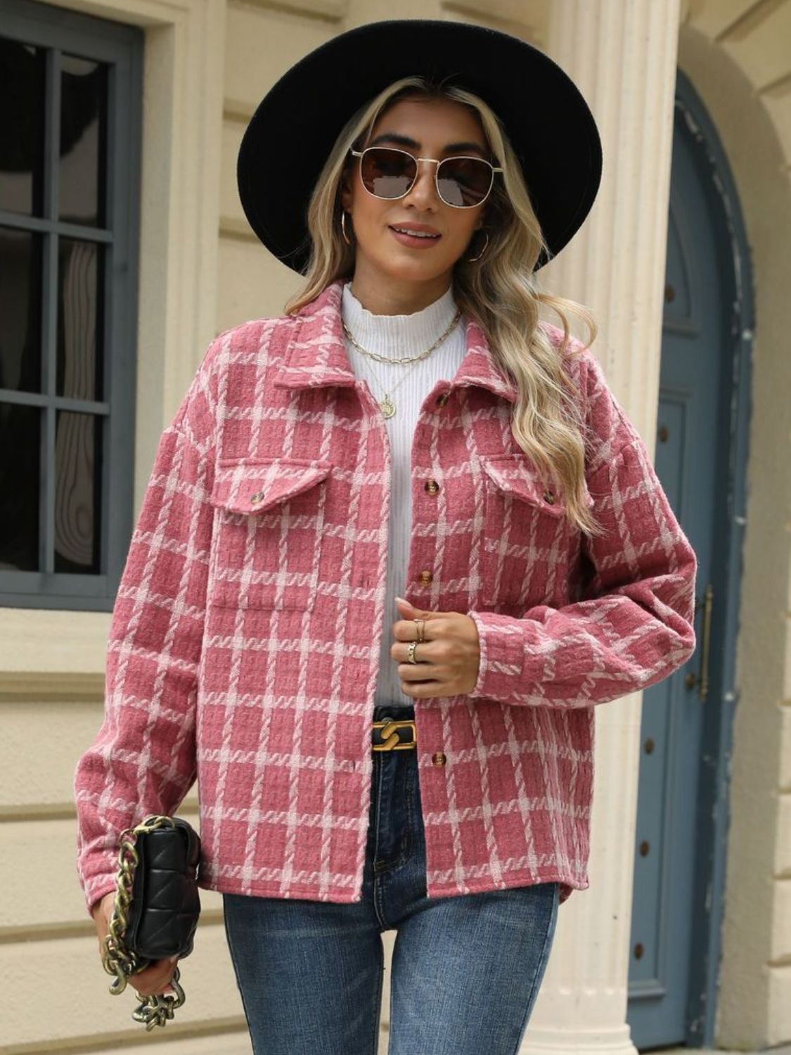 Plaid Collared Neck Long Sleeve Jacket - TayDiane