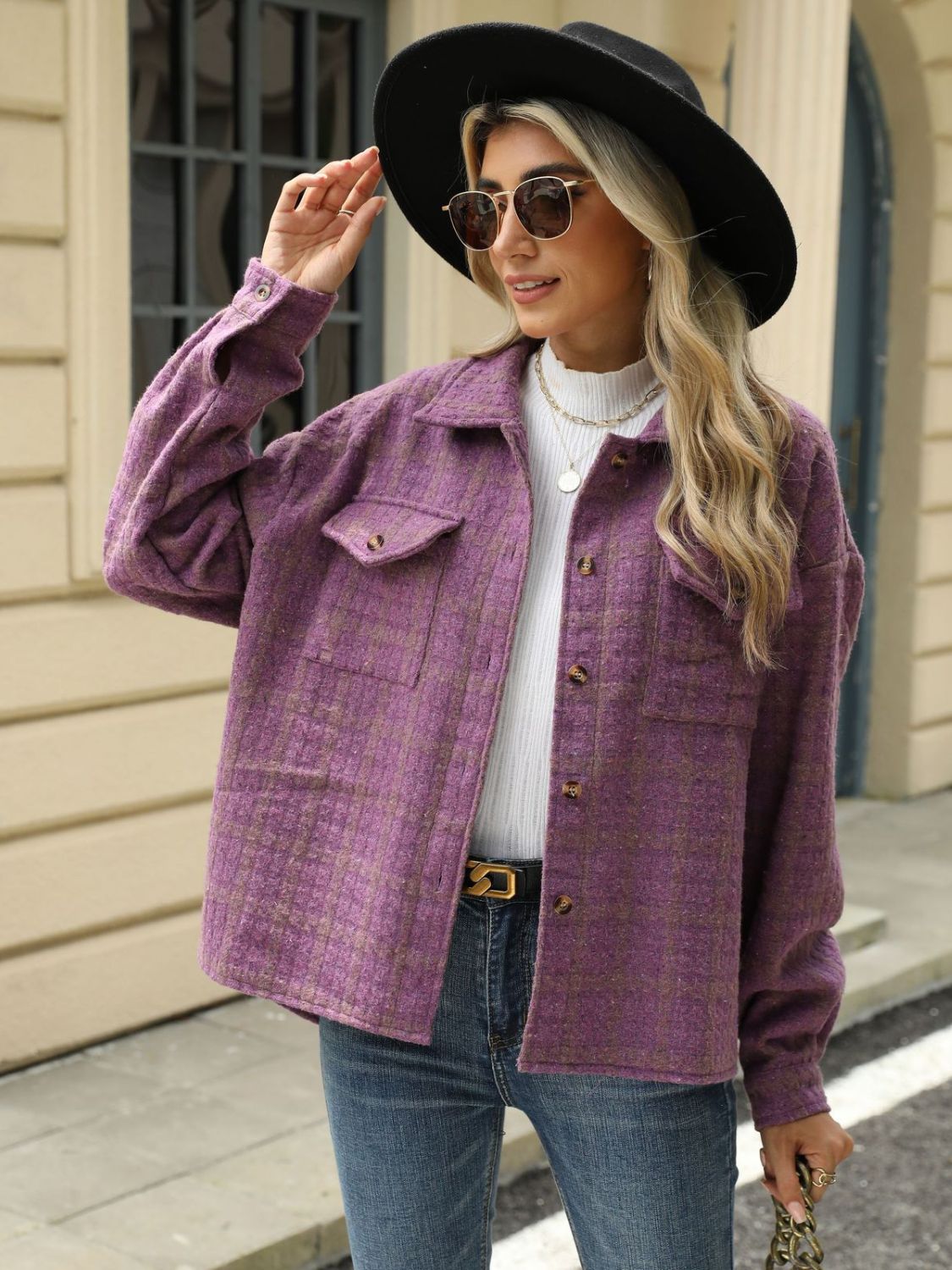 Plaid Collared Neck Long Sleeve Jacket - TayDiane