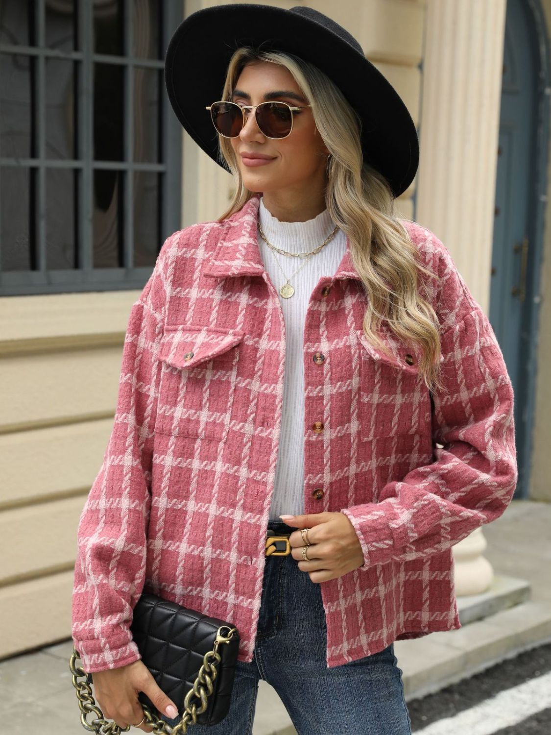 Plaid Collared Neck Long Sleeve Jacket - TayDiane