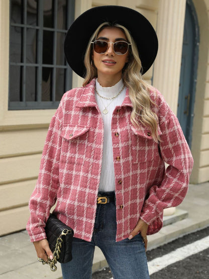 Plaid Collared Neck Long Sleeve Jacket - TayDiane