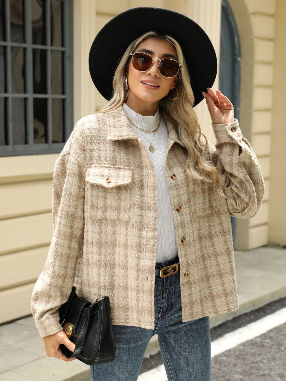 Plaid Collared Neck Long Sleeve Jacket - TayDiane