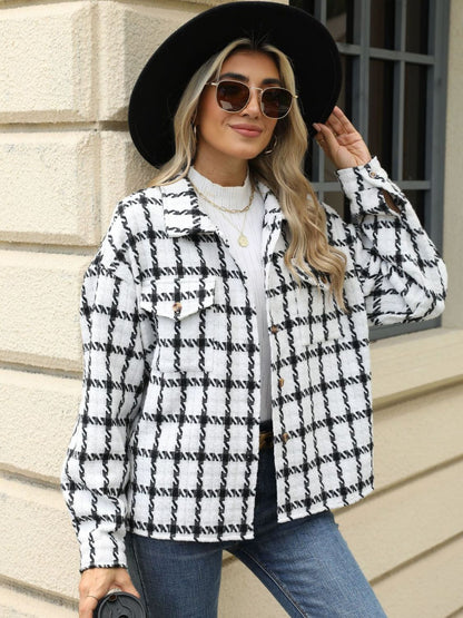 Plaid Collared Neck Long Sleeve Jacket - TayDiane