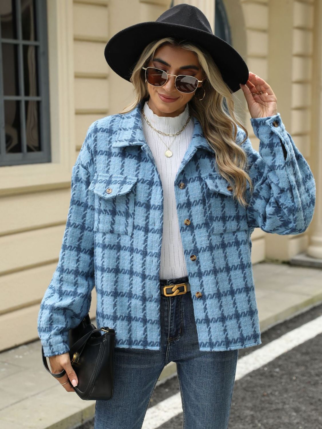 Plaid Collared Neck Long Sleeve Jacket - TayDiane