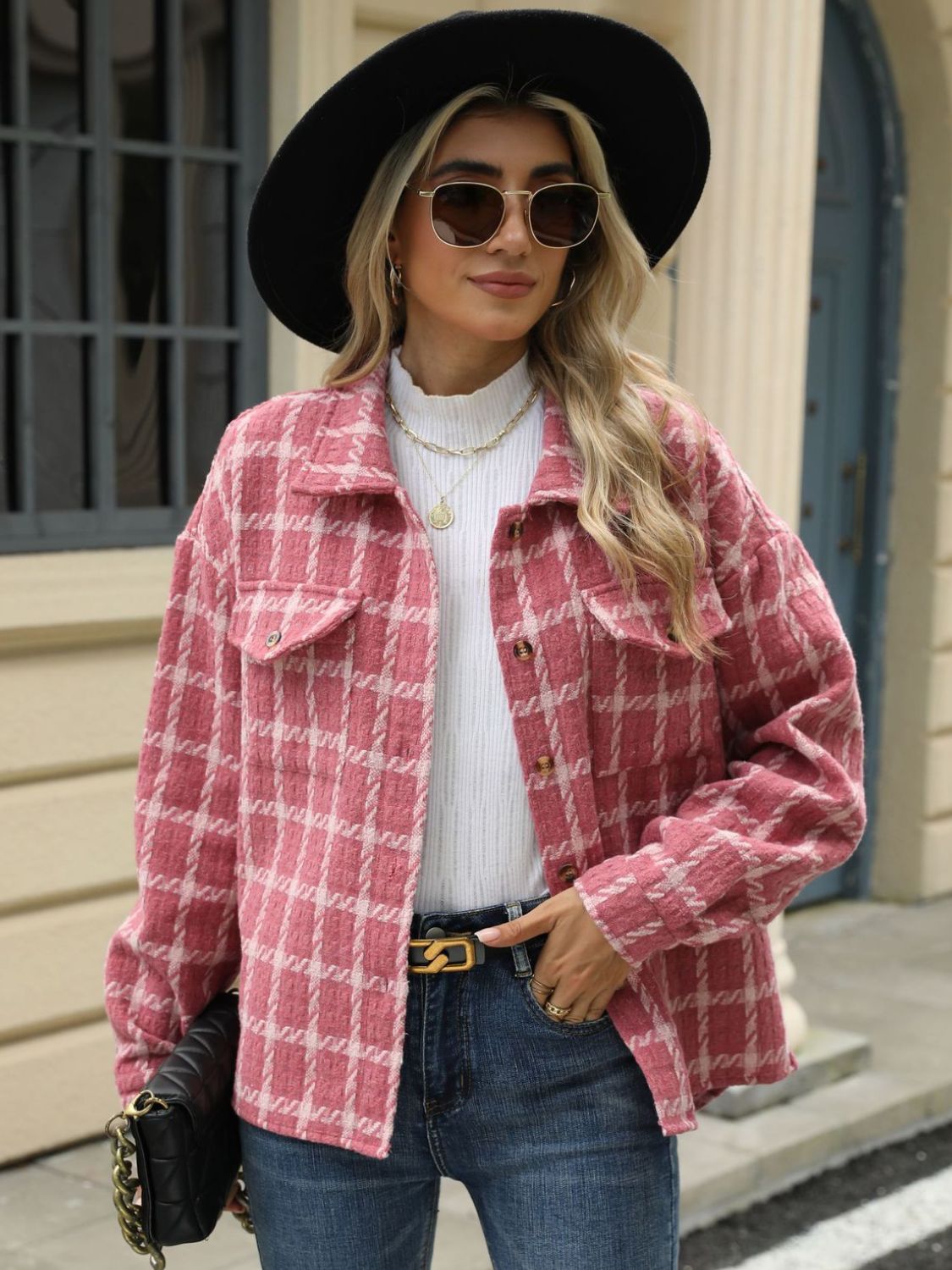 Plaid Collared Neck Long Sleeve Jacket - TayDiane