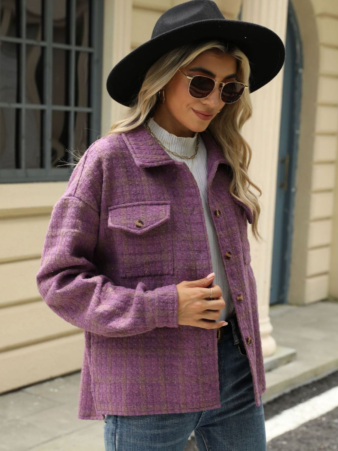 Plaid Collared Neck Long Sleeve Jacket - TayDiane