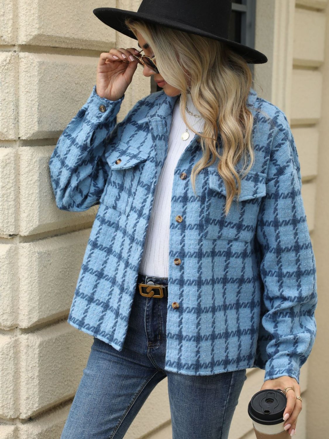 Plaid Collared Neck Long Sleeve Jacket - TayDiane