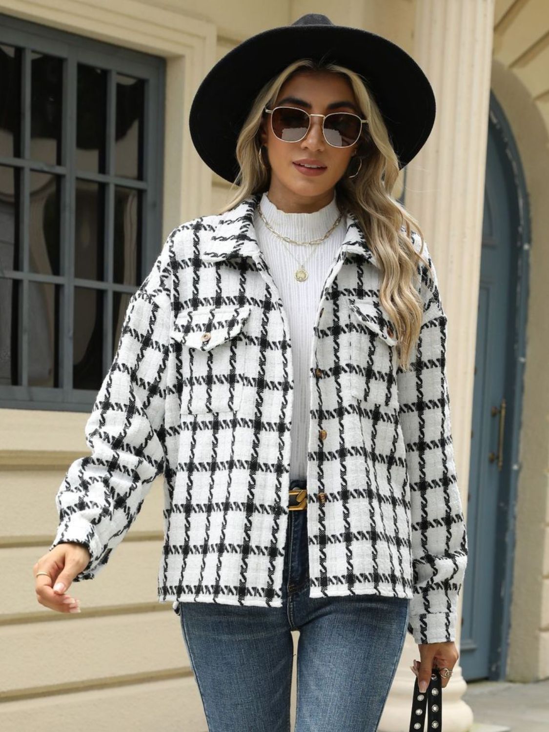 Plaid Collared Neck Long Sleeve Jacket - TayDiane