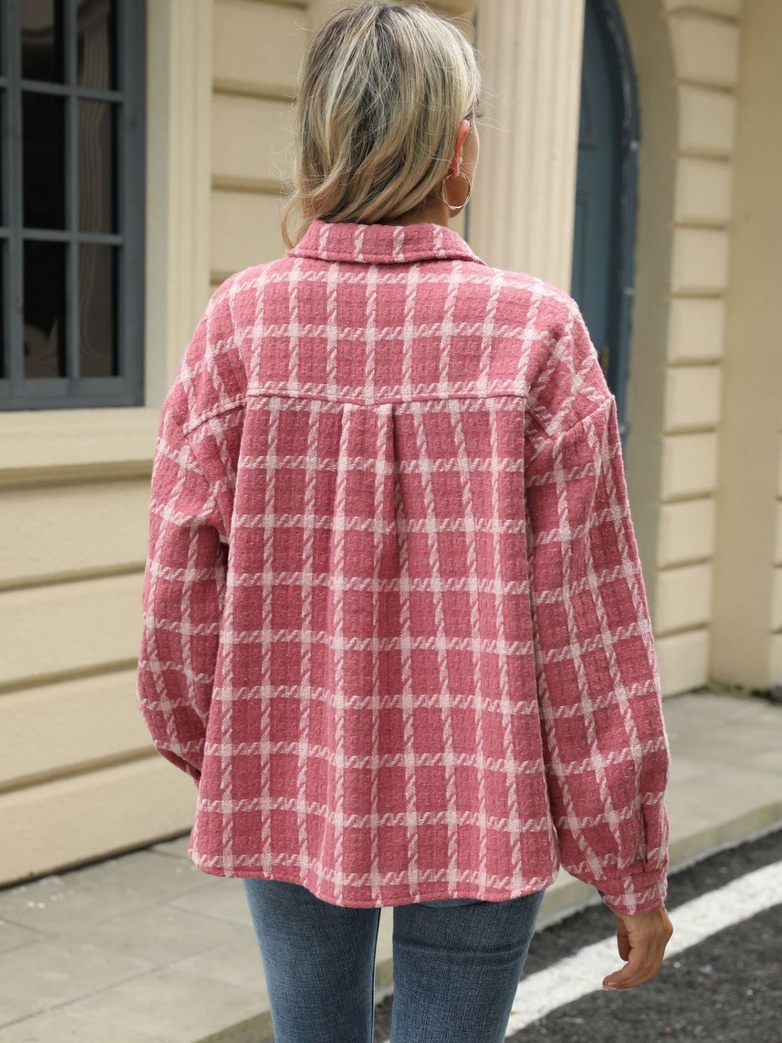 Plaid Collared Neck Long Sleeve Jacket - TayDiane