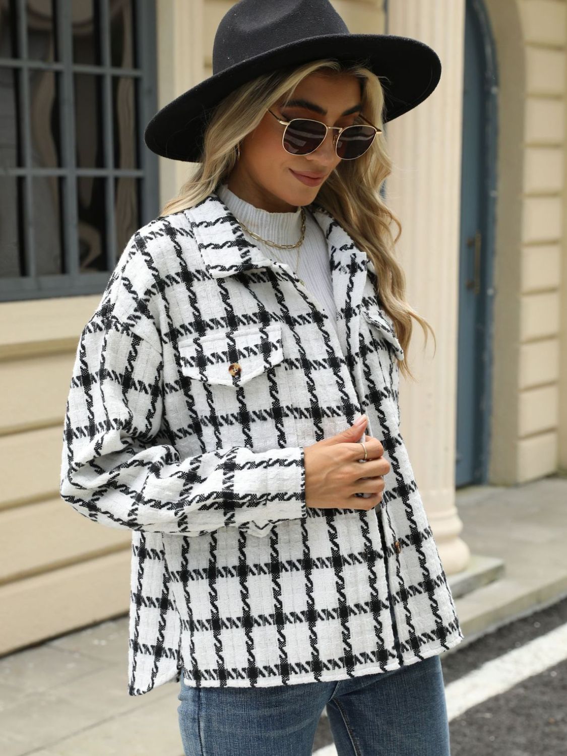 Plaid Collared Neck Long Sleeve Jacket - TayDiane