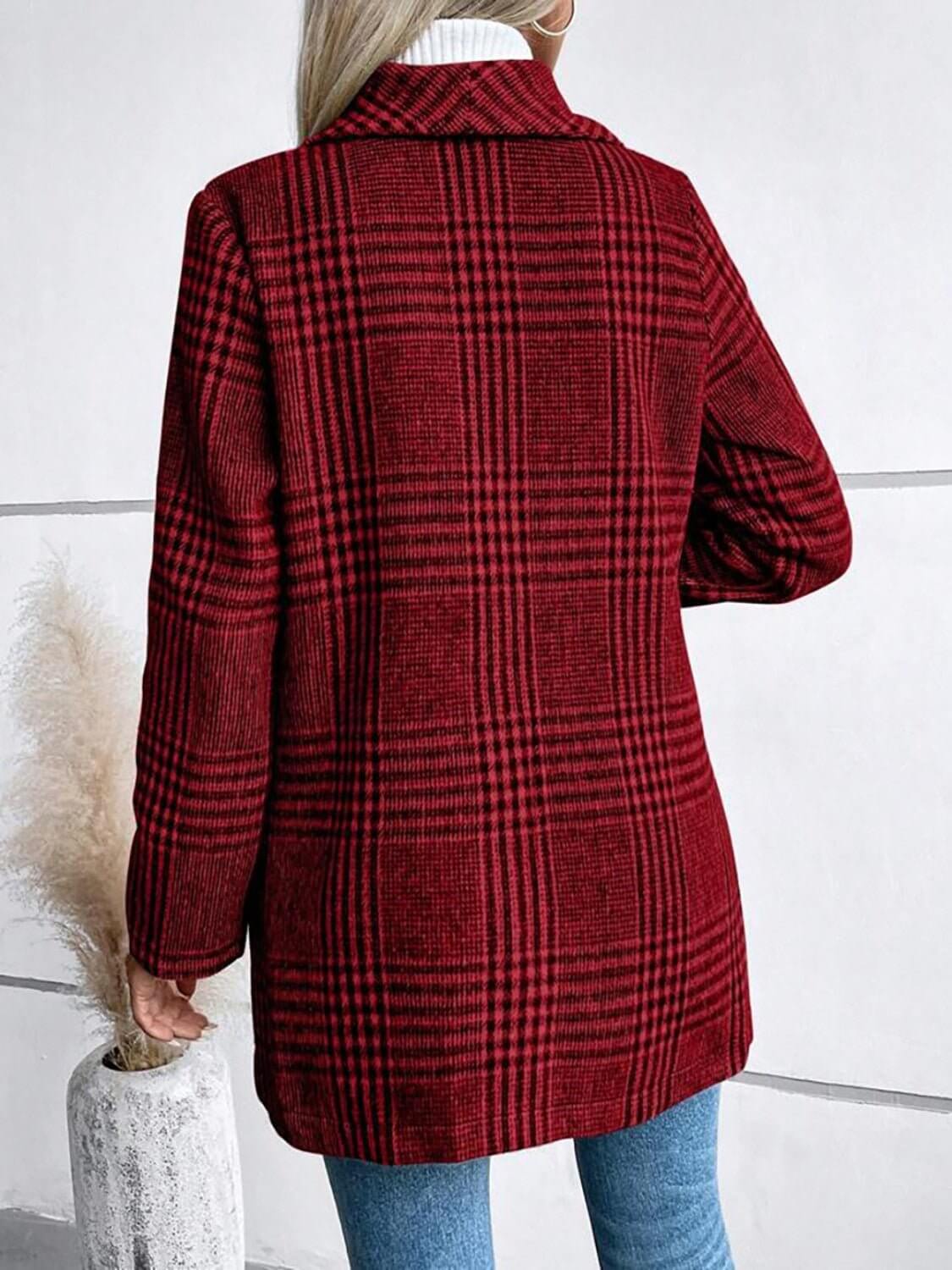 Plaid Collared Neck Long Sleeve Jacket - TayDiane