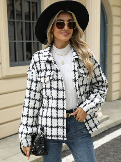 Plaid Collared Neck Long Sleeve Jacket - TayDiane