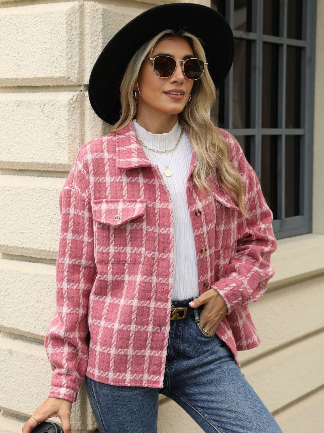 Plaid Collared Neck Long Sleeve Jacket - TayDiane