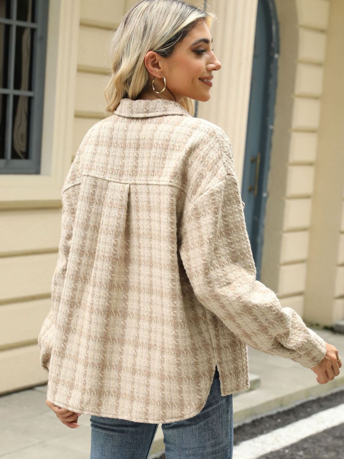 Plaid Collared Neck Long Sleeve Jacket - TayDiane