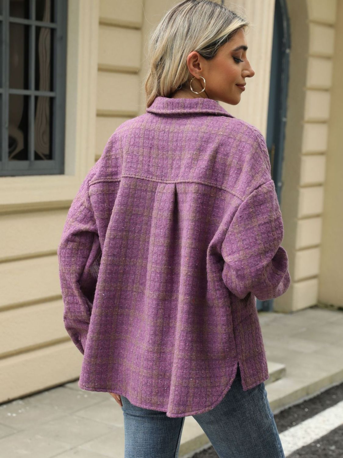 Plaid Collared Neck Long Sleeve Jacket - TayDiane