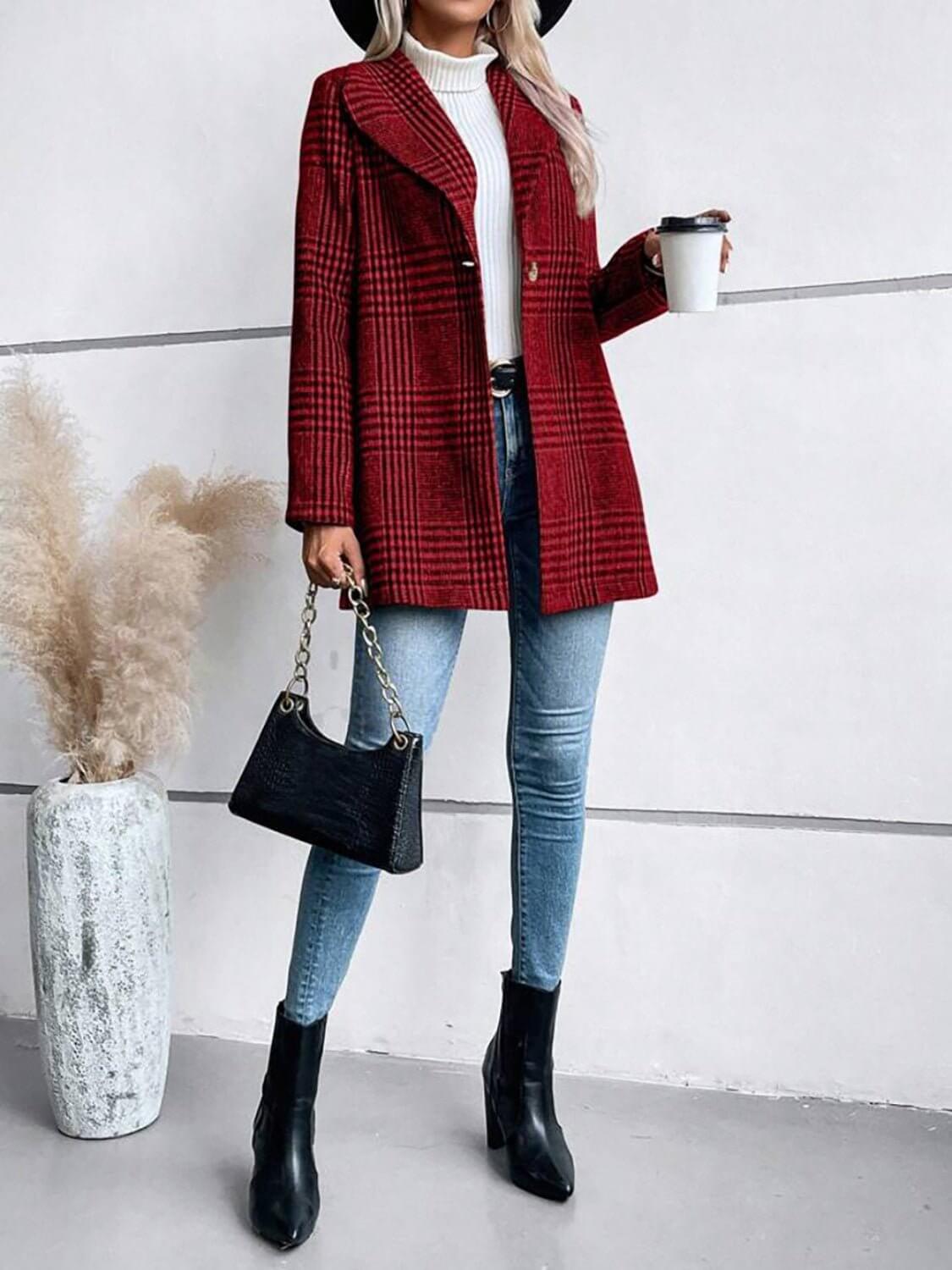 Plaid Collared Neck Long Sleeve Jacket - TayDiane