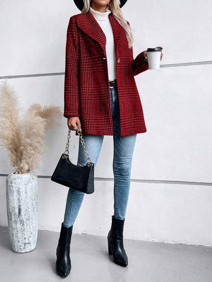 Plaid Collared Neck Long Sleeve Jacket - TayDiane