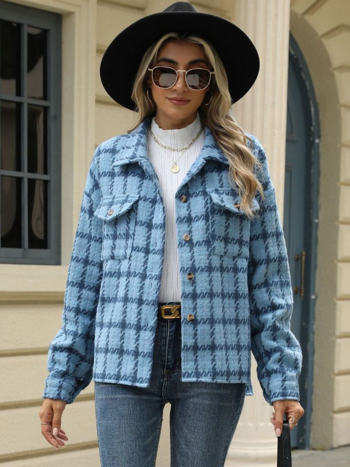 Plaid Collared Neck Long Sleeve Jacket - TayDiane