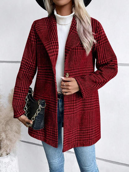 Plaid Collared Neck Long Sleeve Jacket - TayDiane