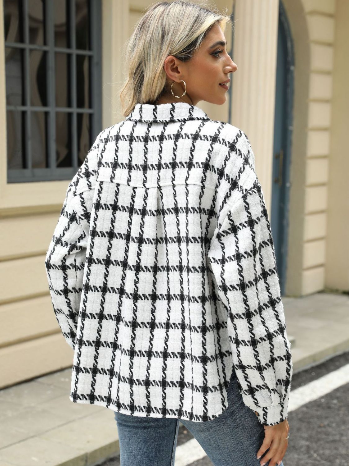 Plaid Collared Neck Long Sleeve Jacket - TayDiane