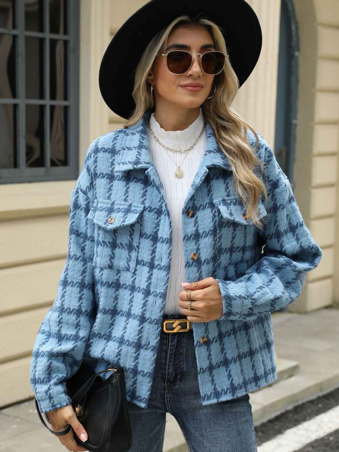 Plaid Collared Neck Long Sleeve Jacket - TayDiane