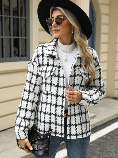 Plaid Collared Neck Long Sleeve Jacket - TayDiane