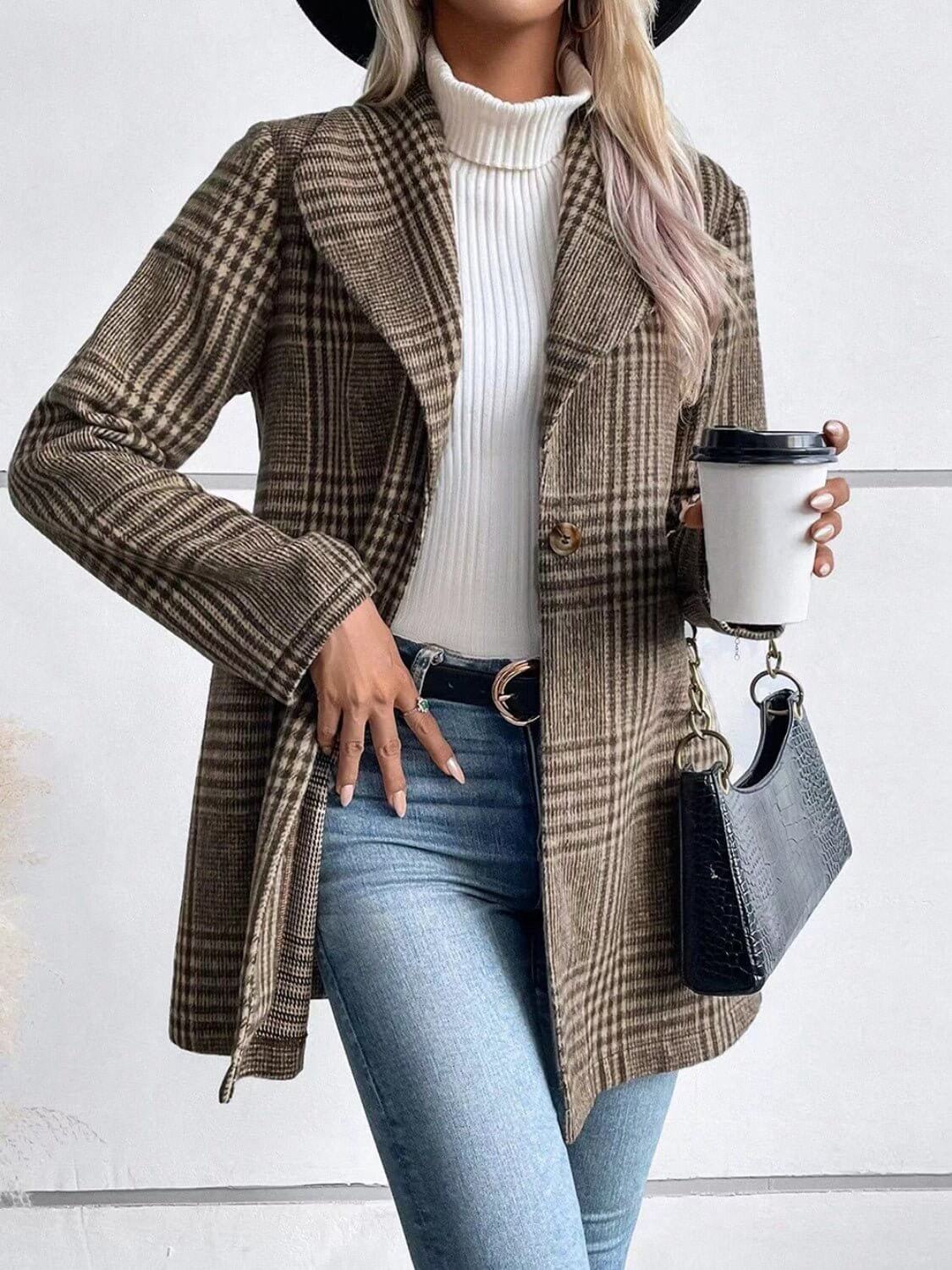 Plaid Collared Neck Long Sleeve Jacket - TayDiane