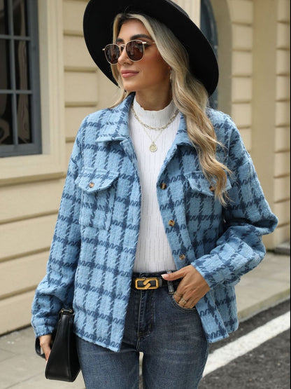 Plaid Collared Neck Long Sleeve Jacket - TayDiane