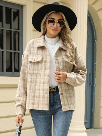 Plaid Collared Neck Long Sleeve Jacket - TayDiane