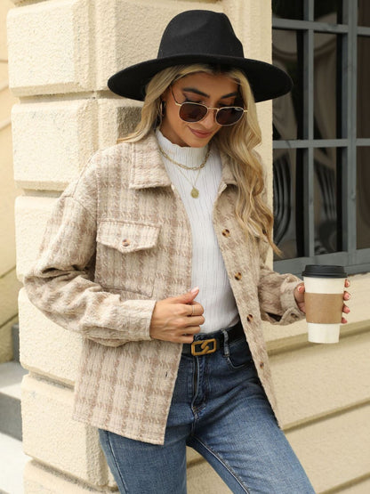 Plaid Collared Neck Long Sleeve Jacket - TayDiane