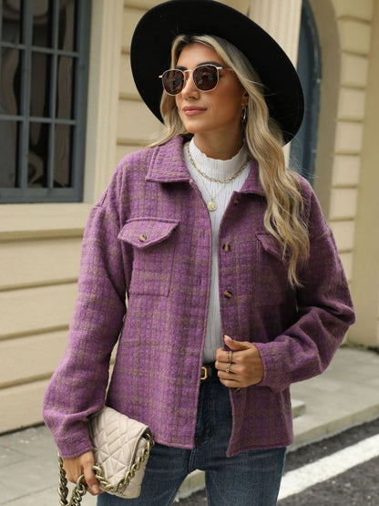 Plaid Collared Neck Long Sleeve Jacket - TayDiane