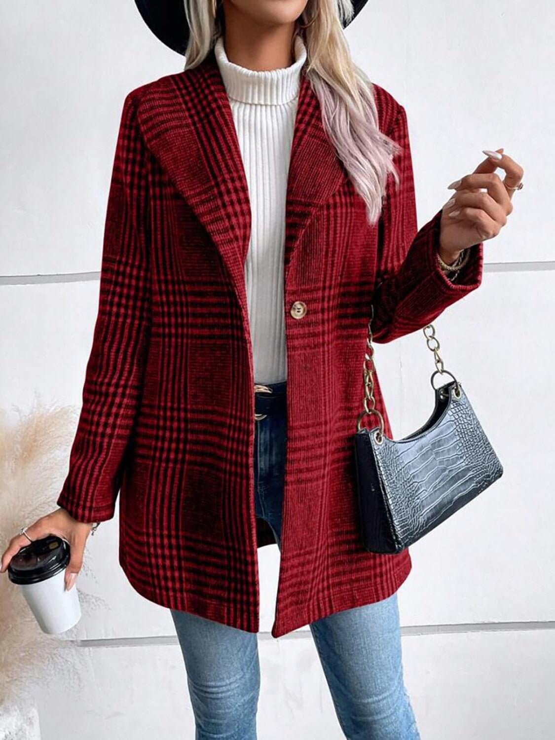 Plaid Collared Neck Long Sleeve Jacket - TayDiane