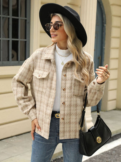 Plaid Collared Neck Long Sleeve Jacket - TayDiane