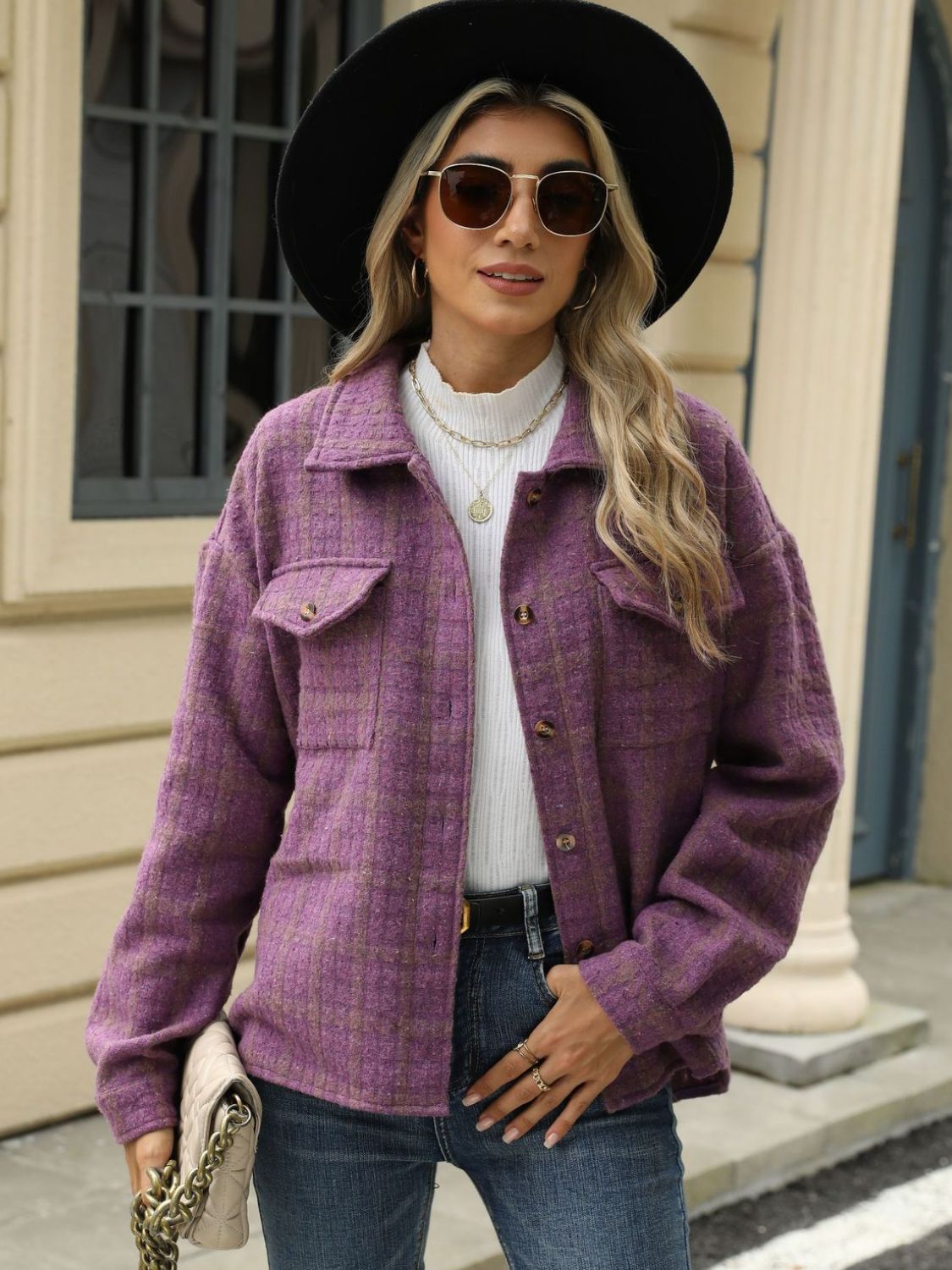 Plaid Collared Neck Long Sleeve Jacket - TayDiane