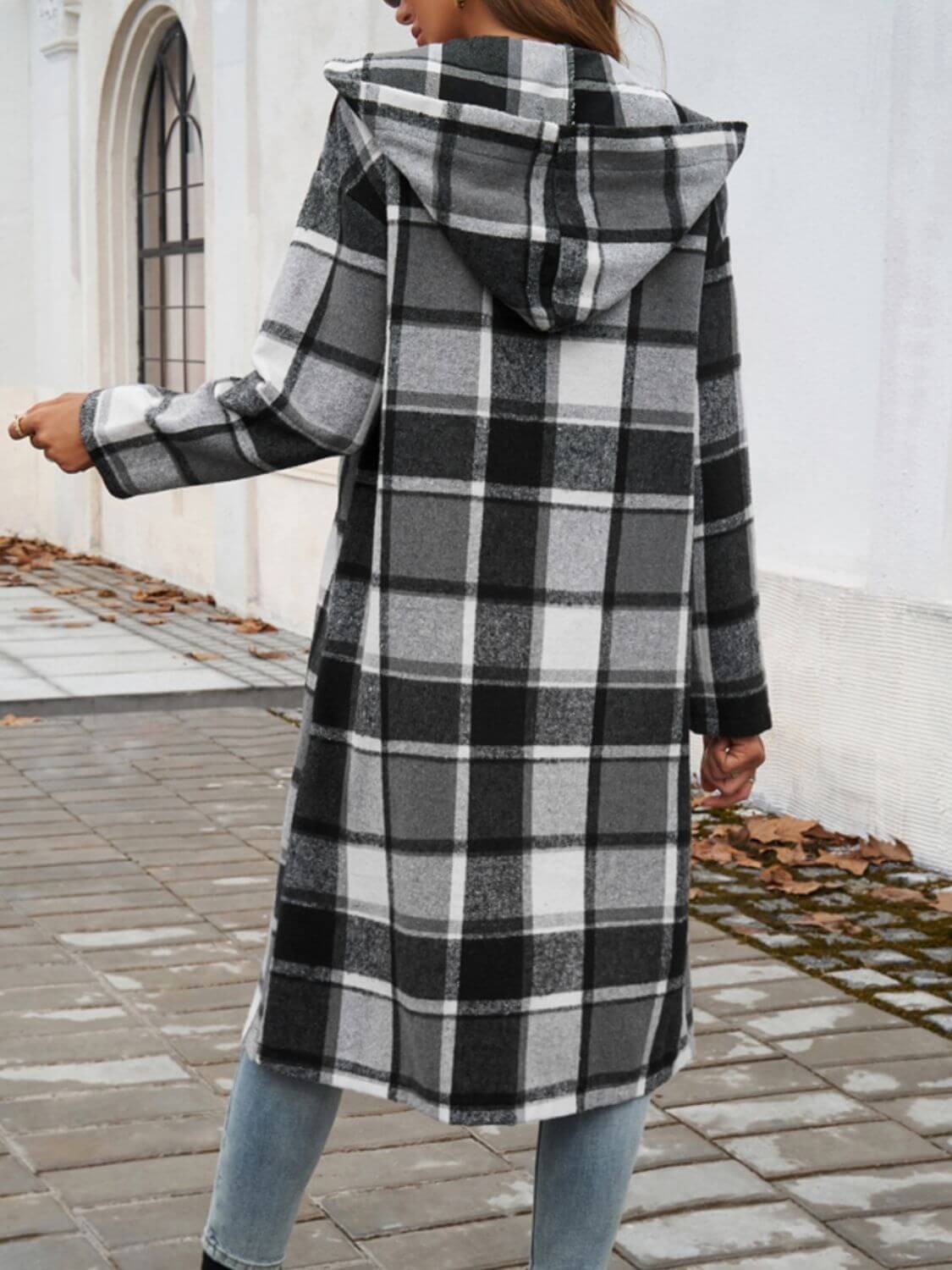 Plaid Long Sleeve Hooded Coat - TayDiane