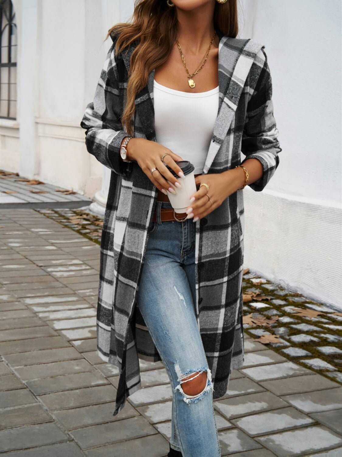 Plaid Long Sleeve Hooded Coat - TayDiane