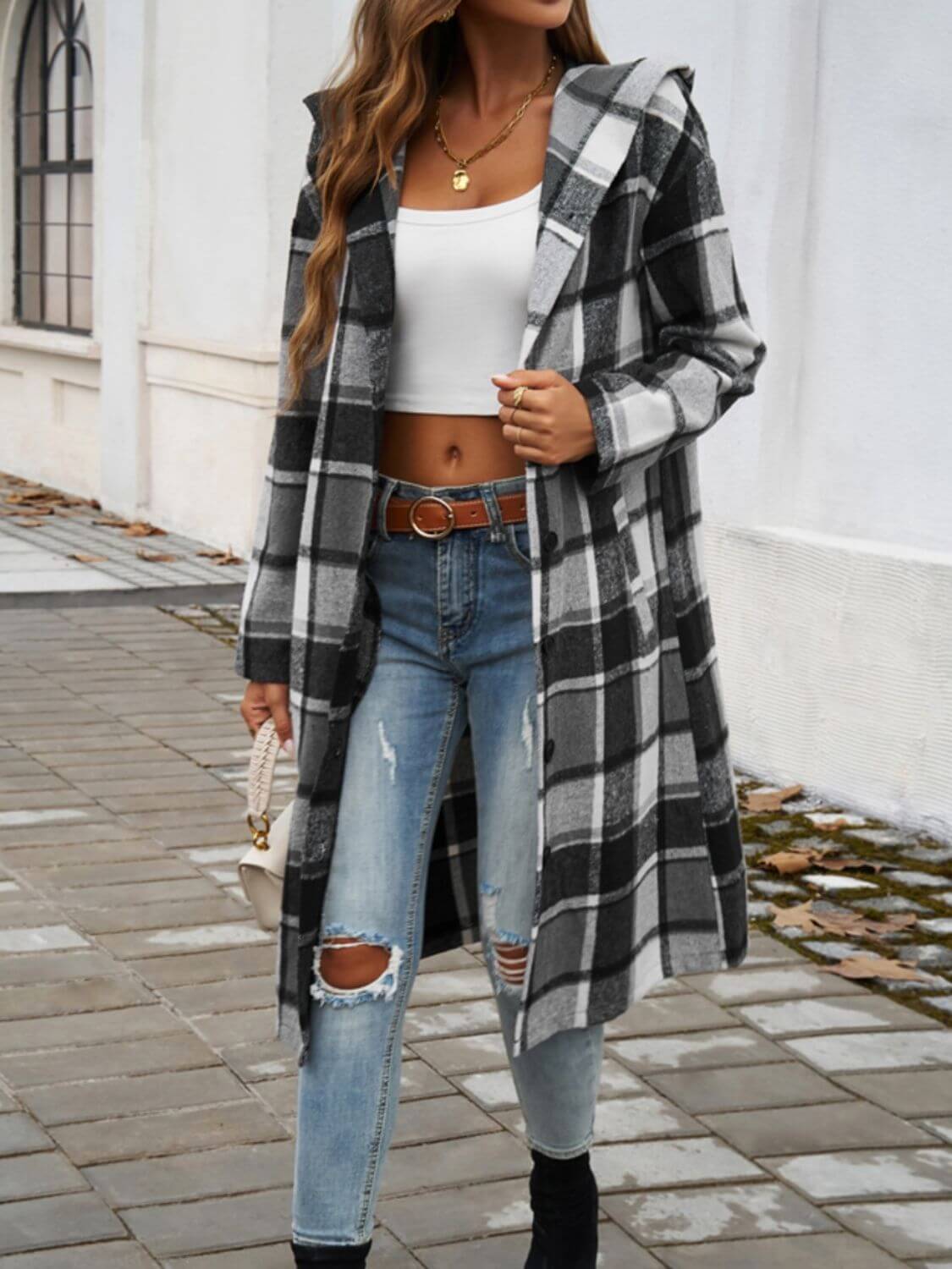 Plaid Long Sleeve Hooded Coat - TayDiane