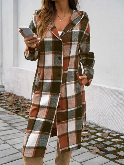 Plaid Long Sleeve Hooded Coat - TayDiane