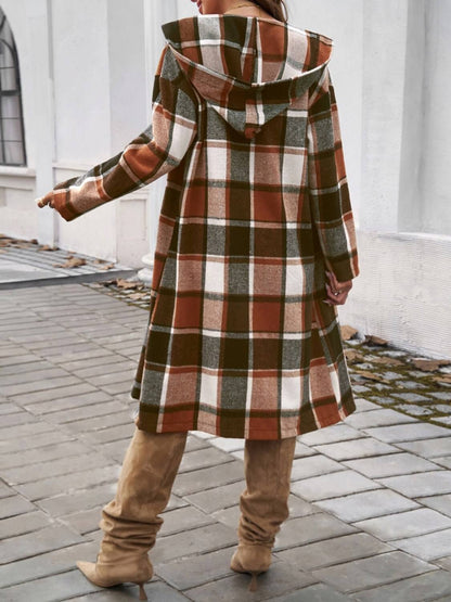 Plaid Long Sleeve Hooded Coat - TayDiane