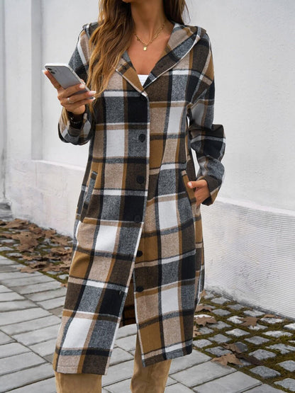 Plaid Long Sleeve Hooded Coat - TayDiane