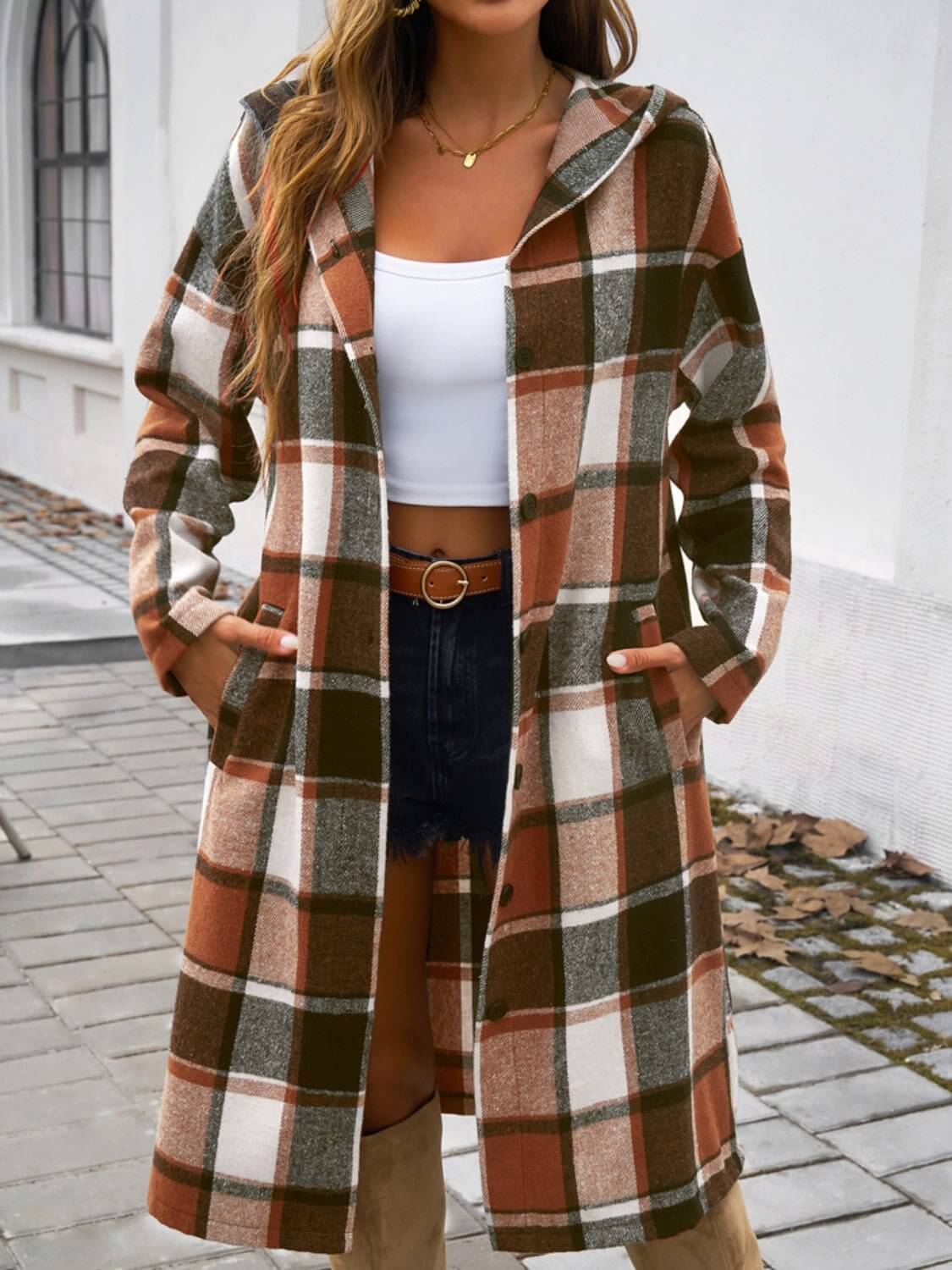 Plaid Long Sleeve Hooded Coat - TayDiane