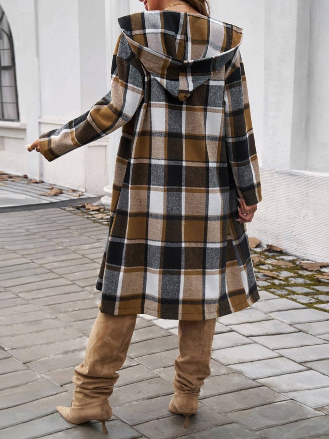 Plaid Long Sleeve Hooded Coat - TayDiane